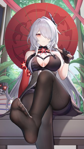 Anime picture 1688x3001 with honkai: star rail honkai (series) acheron (honkai: star rail) wei (pixiv53355564) single long hair tall image looking at viewer fringe breasts light erotic red eyes sitting bare shoulders holding bent knee (knees) white hair parted lips hair over one eye no shoes