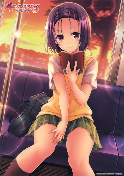 Anime picture 2795x3955 with toloveru toloveru darkness xebec sairenji haruna yabuki kentarou single tall image looking at viewer blush highres short hair sitting purple eyes holding purple hair pleated skirt light smile scan sparkle copyright name