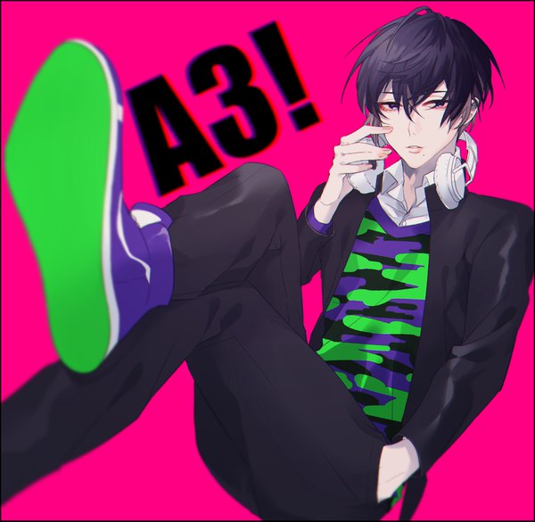 Anime picture 1488x1453 with a3! usui masumi yamada chickenko single fringe short hair black hair simple background hair between eyes sitting black eyes mole copyright name crossed legs pink background hand in pocket mole under mouth headphones around neck boy headphones
