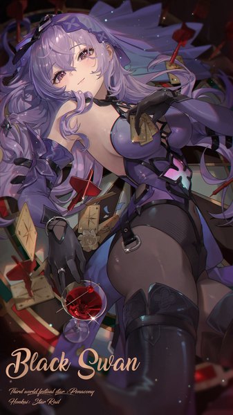 Anime picture 3240x5760 with honkai: star rail honkai (series) black swan (honkai: star rail) sssong aa single long hair tall image looking at viewer blush fringe highres breasts light erotic hair between eyes purple eyes holding absurdres purple hair lying from above