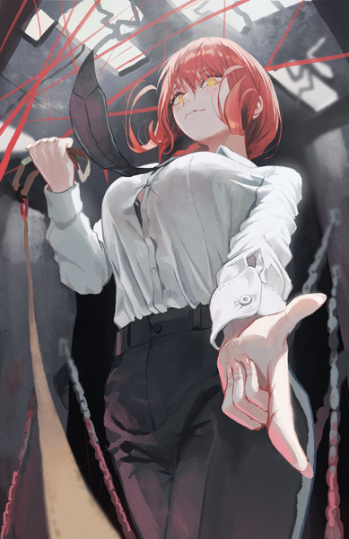 Anime picture 2064x3186 with chainsaw man mappa makima (chainsaw man) dotthebot single long hair tall image looking at viewer fringe highres hair between eyes yellow eyes red hair indoors braid (braids) fingernails from below single braid long fingernails girl