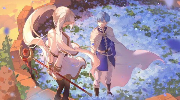 Anime picture 4832x2701 with sousou no frieren frieren himmel (sousou no frieren) tanmaco long hair highres short hair wide image standing twintails blue hair absurdres outdoors white hair from above pointy ears elf girl boy earrings