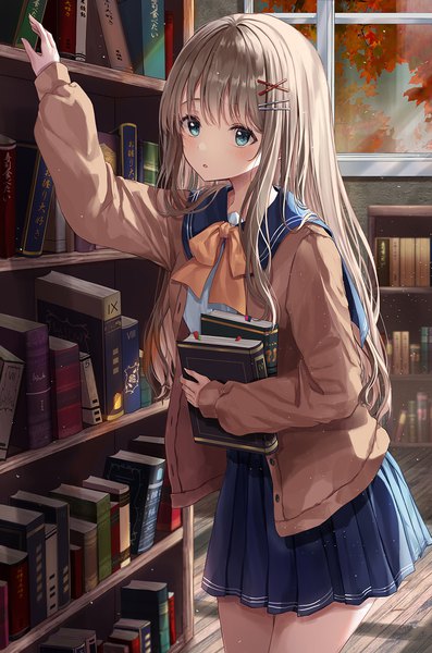 Anime picture 1000x1512 with original m1yu single long hair tall image looking at viewer blush fringe open mouth blue eyes blonde hair standing holding indoors blunt bangs long sleeves pleated skirt arm up open clothes girl