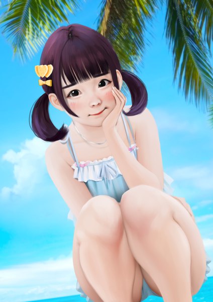 Anime picture 1920x2716 with real life ola aphrodite jubi (regiana) single tall image looking at viewer fringe highres short hair light erotic black hair smile sitting twintails sky blunt bangs black eyes realistic lipstick squat