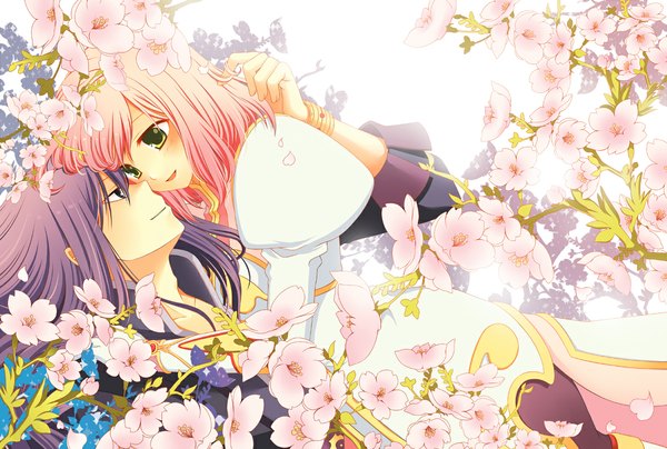 Anime picture 1186x800 with tales of (series) tales of vesperia yuri lowell estellise sidos heurassein ayamisiro long hair short hair smile green eyes pink hair purple hair profile couple hug cherry blossoms girl boy petals