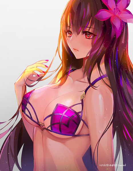 Anime picture 700x900 with fate (series) fate/grand order scathach (fate) (all) scathach (swimsuit assassin) (fate) astarone single long hair tall image blush fringe breasts light erotic simple background hair between eyes red eyes large breasts bare shoulders signed looking away cleavage