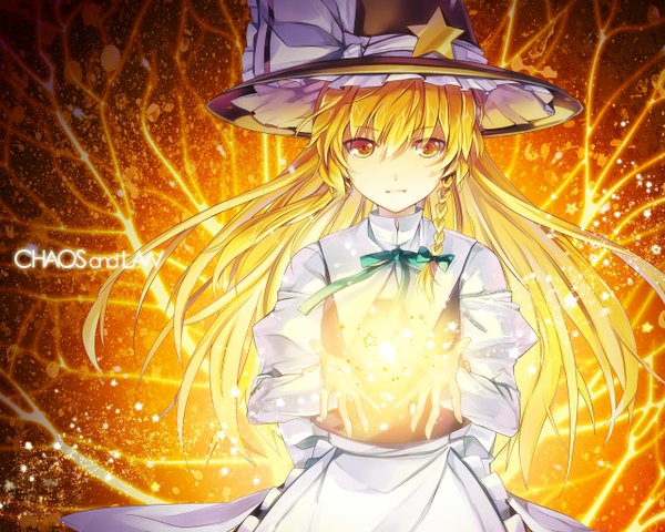 Anime picture 1280x1024 with touhou kirisame marisa 6u (eternal land) single long hair blonde hair yellow eyes braid (braids) magic girl skirt star (symbol) apron witch hat skirt set