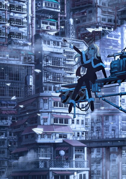 Anime picture 707x1000 with vocaloid mayu (vocaloid) single long hair tall image fringe blonde hair sitting wind night looking up flying girl building (buildings) paper airplane