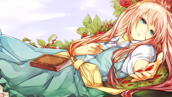 Anime picture 1280x720 with vocaloid ia (vocaloid) single long hair blue eyes wide image pink hair lying girl dress flower (flowers) petals food book (books) berry (berries)