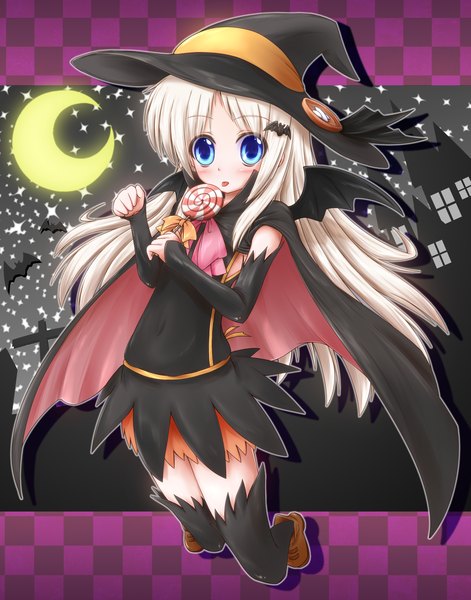 Anime picture 2000x2545 with little busters! key (studio) noumi kudryavka shirotoshi (artist) single long hair tall image highres blue eyes white hair night loli halloween checkered floor crescent girl gloves wings elbow gloves cloak