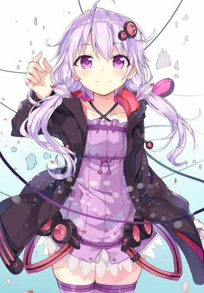 Anime picture 697x1000 with vocaloid yuzuki yukari myuton single long hair tall image looking at viewer blush fringe smile hair between eyes standing purple eyes twintails payot purple hair upper body ahoge open clothes open jacket