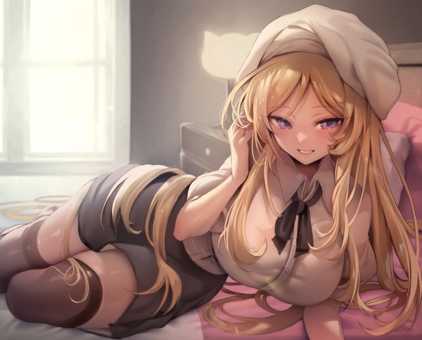 Anime picture 3100x2500 with original zerocat single long hair looking at viewer blush fringe highres breasts light erotic blonde hair smile large breasts purple eyes absurdres indoors parted lips short sleeves puffy sleeves girl