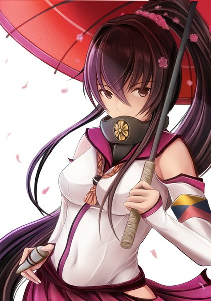 Anime picture 703x1000 with kantai collection yamato super battleship nannacy7 single long hair tall image looking at viewer simple background brown hair white background brown eyes ponytail traditional clothes japanese clothes hair flower girl thighhighs skirt hair ornament flower (flowers)