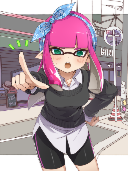Anime picture 750x1000 with splatoon nintendo inkling takeko spla single long hair tall image looking at viewer blush open mouth green eyes pink hair outdoors hand on hip pointing at viewer tentacle hair girl shorts hairband sweater