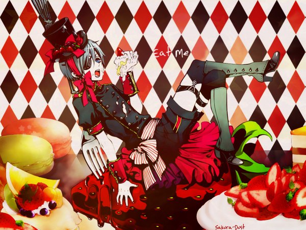 Anime picture 1400x1050 with kuroshitsuji a-1 pictures ciel phantomhive toboso yana single short hair open mouth blue eyes black hair third-party edit rhombus boy bow hat food boots sweets eyepatch cake top hat