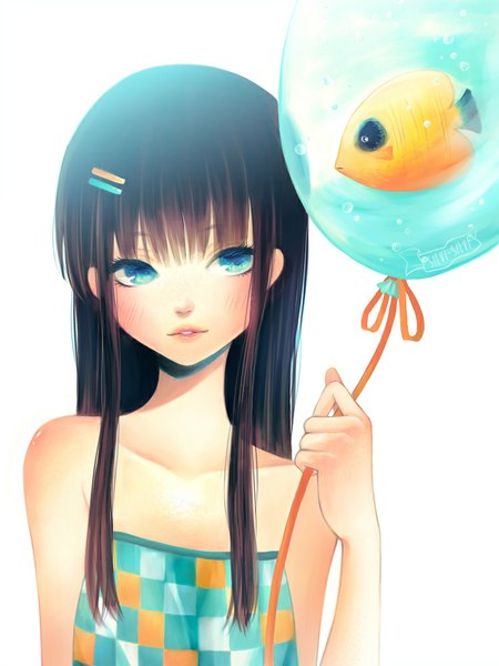 Anime picture 750x1000 with original silvi-silvi single long hair tall image blush blue eyes simple background brown hair white background bare shoulders lips girl hair ornament animal hairclip fish (fishes) balloon
