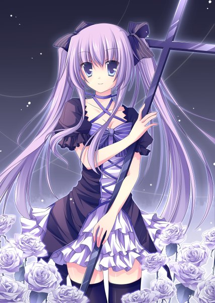 Anime picture 2100x2950 with original ringonotane (muku) single tall image looking at viewer highres blue eyes smile twintails purple hair very long hair girl thighhighs dress flower (flowers) bow black thighhighs hair bow rose (roses) cross