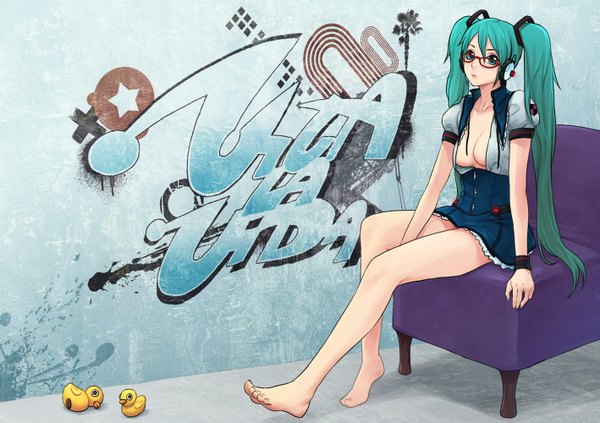 Anime picture 1417x1000 with vocaloid hatsune miku jay27 single long hair breasts light erotic sitting twintails barefoot aqua eyes aqua hair girl glasses headphones
