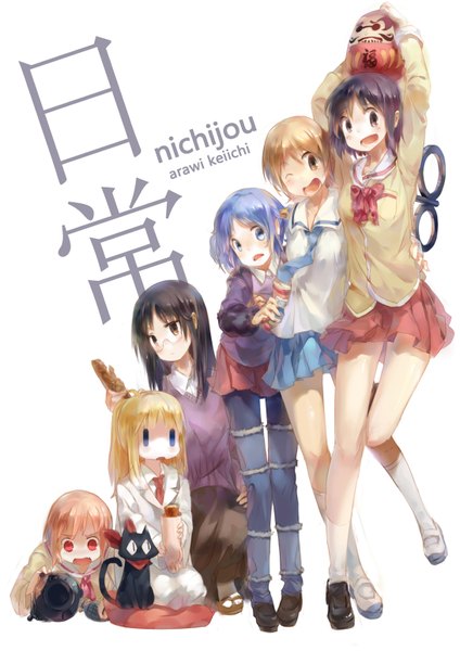 Anime picture 1092x1544 with nichijou kyoto animation sakamoto (nichijou) naganohara mio aioi yuuko shinonome nano minakami mai tachibana misato professor shinonome h2so4kancel long hair tall image blush short hair open mouth blue eyes black hair blonde hair simple background red eyes