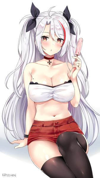 Anime picture 987x1754 with azur lane prinz eugen (azur lane) kaetzchen single long hair tall image looking at viewer blush fringe breasts light erotic simple background hair between eyes large breasts white background sitting bare shoulders holding brown eyes signed