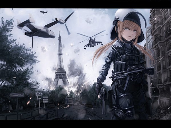 Anime picture 1080x810 with call of duty koh (minagi kou) single long hair blonde hair sky letterboxed smoke explosion trigger discipline girl gloves weapon fingerless gloves gun helmet car aircraft airplane tower