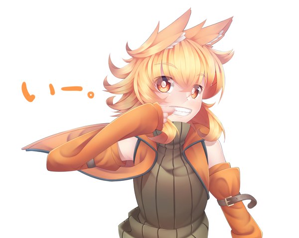 Anime picture 1571x1254 with original million (kzy090) kzy090 single looking at viewer short hair simple background smile white background animal ears cat ears orange hair orange eyes grin girl detached sleeves sweater vest turtleneck ribbed sweater