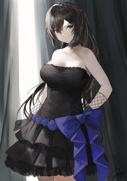 Anime picture 2121x3000 with original iori (cpeilad) single long hair tall image looking at viewer fringe highres breasts black hair hair between eyes large breasts standing bare shoulders brown eyes signed payot cleavage ponytail head tilt