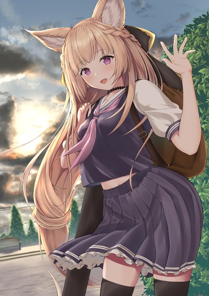 Anime picture 1191x1684 with granblue fantasy yuisis (granblue fantasy) hisei single long hair tall image looking at viewer open mouth blonde hair animal ears sky cloud (clouds) outdoors :d pleated skirt waving erune girl thighhighs skirt
