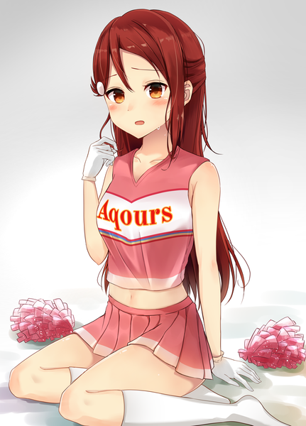 Anime picture 3564x4961 with love live! sunshine!! sunrise (studio) love live! sakurauchi riko sonoko neko single long hair tall image looking at viewer blush fringe highres open mouth simple background hair between eyes sitting absurdres red hair pleated skirt grey background