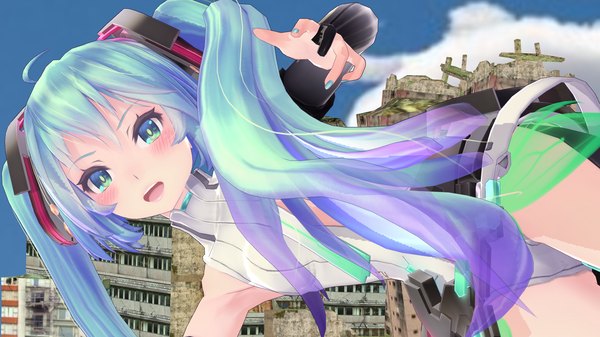 Anime picture 1920x1080 with vocaloid vocaloid append hatsune miku hatsune miku (append) long hair blush highres open mouth wide image twintails sky cloud (clouds) nail polish multicolored hair multicolored eyes girl detached sleeves necktie house