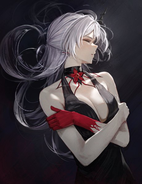 Anime picture 2160x2814 with honkai: star rail honkai (series) acheron (honkai: star rail) hidulume single long hair tall image fringe highres breasts light erotic simple background large breasts standing cleavage silver hair eyes closed floating hair black background holding arm