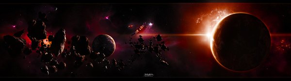 Anime picture 3840x1080 with original tsarye highres wide image inscription light no people scenic space long image star (stars) planet spacecraft