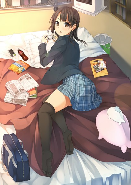 Anime picture 706x1000 with original unasaka ryou single long hair tall image blush open mouth black hair brown eyes looking back girl thighhighs skirt uniform black thighhighs school uniform bed school bag