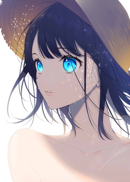 Anime picture 2415x3366 with original sogawa single tall image fringe highres short hair black hair simple background white background signed looking away upper body blunt bangs parted lips aqua eyes sweat floating hair portrait sweatdrop