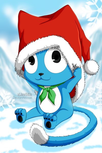 Anime picture 1000x1496 with fairy tail happy (fairy tail) xljavi14lx single tall image smile sitting sky full body black eyes fur trim coloring winter snow no people hat animal fur cat santa claus hat