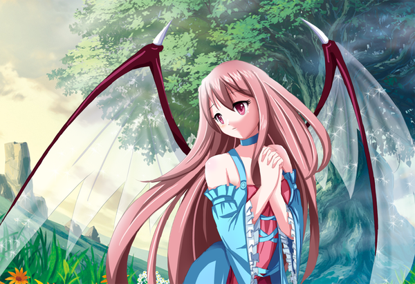 Anime picture 1017x700 with original aurora rokudo long hair red eyes brown hair bare shoulders girl dress flower (flowers) plant (plants) detached sleeves wings tree (trees)