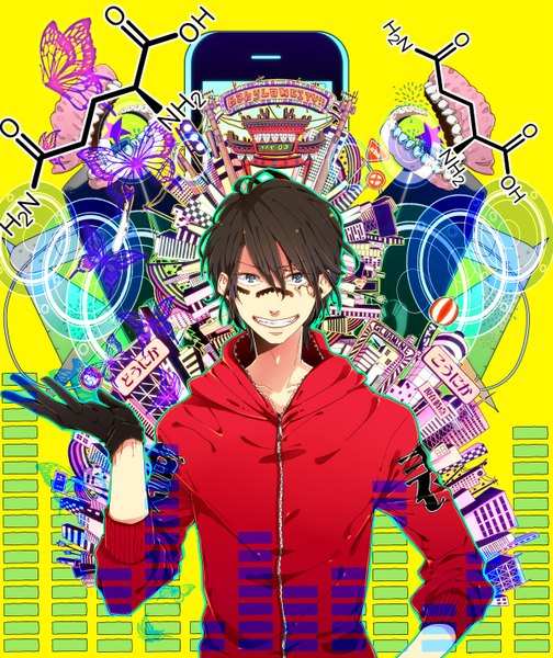 Anime picture 1200x1426 with nico nico singer matryoshka (vocaloid) gurutamin yoon single tall image short hair smile brown hair teeth fang (fangs) city cityscape multicolored eyes face paint boy gloves jacket hood insect