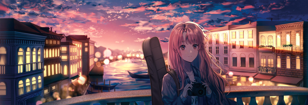 Anime picture 3198x1100 with original lium single long hair looking at viewer blush fringe highres smile wide image brown eyes pink hair sky cloud (clouds) upper body long sleeves blurry open jacket lens flare city