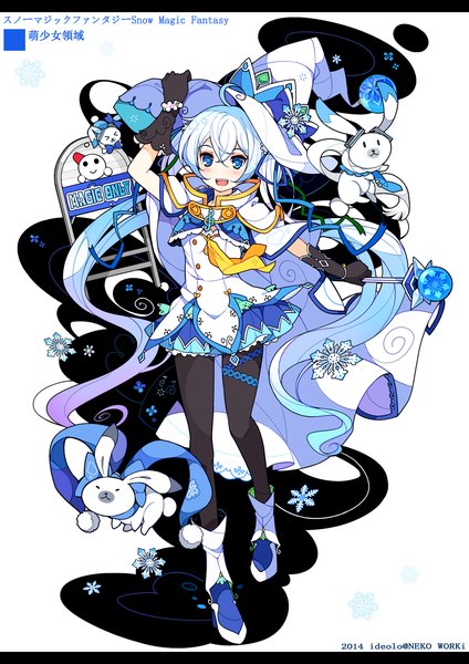 Anime picture 1000x1414 with vocaloid suki! yuki! maji magic (vocaloid) hatsune miku yuki miku rabbit yukine yuki miku (2014) ideolo single tall image looking at viewer blush open mouth blue eyes twintails white hair very long hair letterboxed girl dress hat