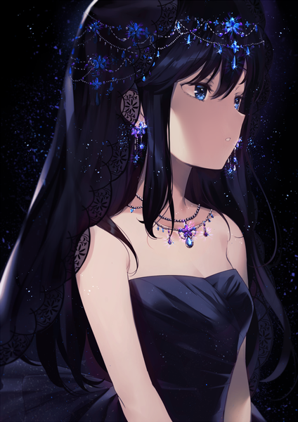 Anime-Bild 706x1000 mit original achiki single long hair tall image fringe breasts blue eyes black hair simple background hair between eyes bare shoulders looking away upper body parted lips black background shaded face girl dress earrings