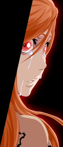 Anime picture 1024x2368 with bleach studio pierrot inoue orihime 96falcon single long hair tall image simple background red eyes looking back orange hair tears coloring black background girl
