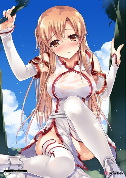 Anime picture 850x1193 with sword art online a-1 pictures yuuki asuna sousouman single long hair tall image looking at viewer blush light erotic brown hair brown eyes wet clothes girl thighhighs dress detached sleeves white thighhighs