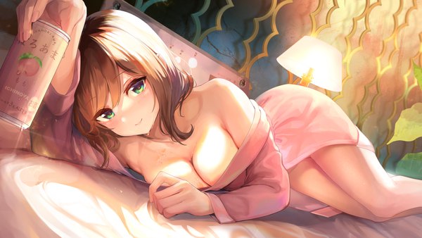 Anime picture 3072x1728 with original maeshimashi single long hair looking at viewer blush fringe highres breasts light erotic smile brown hair wide image large breasts holding green eyes cleavage indoors lying off shoulder