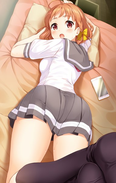 Anime picture 716x1125 with love live! sunshine!! sunrise (studio) love live! takami chika komone ushio single tall image looking at viewer blush short hair open mouth light erotic red eyes brown hair payot ahoge ass lying braid (braids) pleated skirt