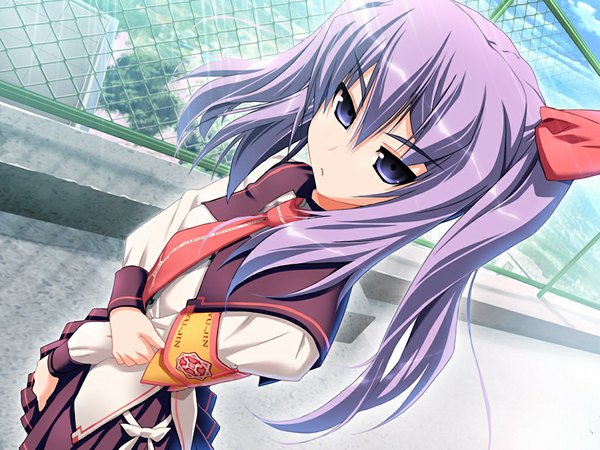 Anime picture 1024x768 with gengetsu no pandora kurumiya uiro twintails purple eyes game cg purple hair girl serafuku