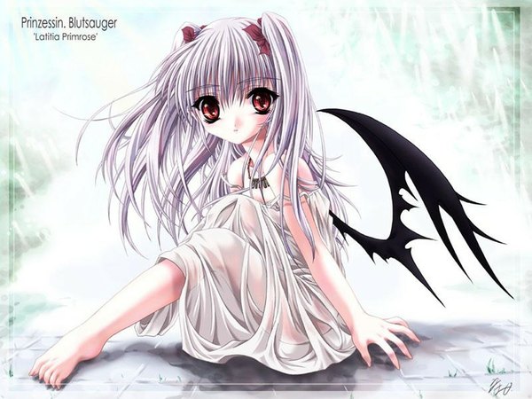 Anime picture 1024x768 with original miyama zero single long hair looking at viewer blush red eyes sitting twintails bare shoulders purple hair barefoot wallpaper black wings girl wings necklace sundress