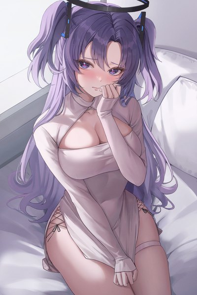 Anime picture 2500x3751 with blue archive yuuka (blue archive) ryu o single long hair tall image looking at viewer blush fringe highres breasts light erotic large breasts sitting purple eyes purple hair indoors long sleeves bare legs two side up