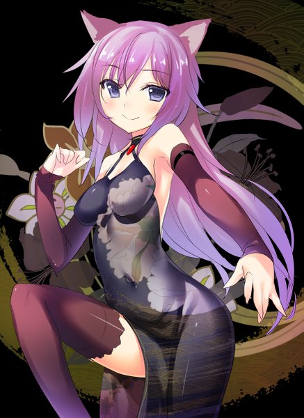 Anime picture 875x1200 with original 47agdragon single long hair tall image looking at viewer blush fringe breasts light erotic smile standing purple eyes bare shoulders animal ears pink hair bent knee (knees) cat ears floral print girl