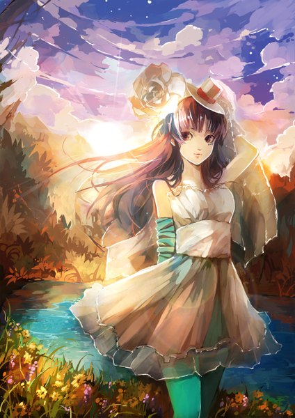 Anime picture 1800x2549 with k-on! kyoto animation akiyama mio zhuxiao517 single long hair tall image highres brown hair bare shoulders brown eyes sky cloud (clouds) girl dress flower (flowers) plant (plants) hat water sun