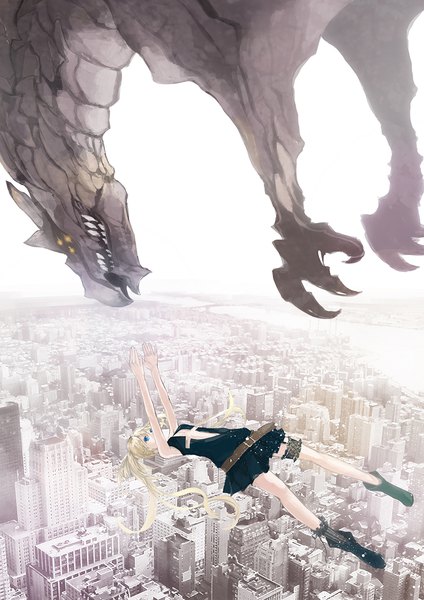 Anime picture 827x1169 with original nello (luminous darkness) long hair tall image fringe blue eyes blonde hair twintails pleated skirt outstretched arm city cityscape fantasy falling girl skirt boots belt dragon loincloth